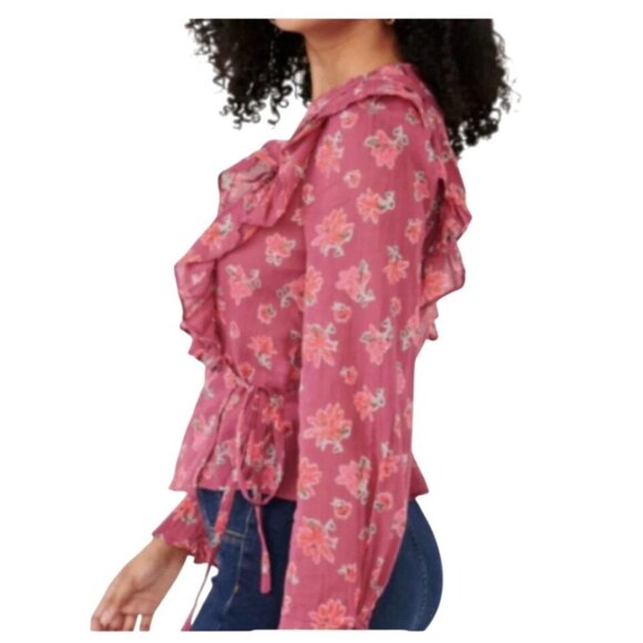 Floral Wrap Ruffle Blouse V-Neck Long Sleeve Sheer Tie Waist Women's Top Size S - Picture 2 of 14